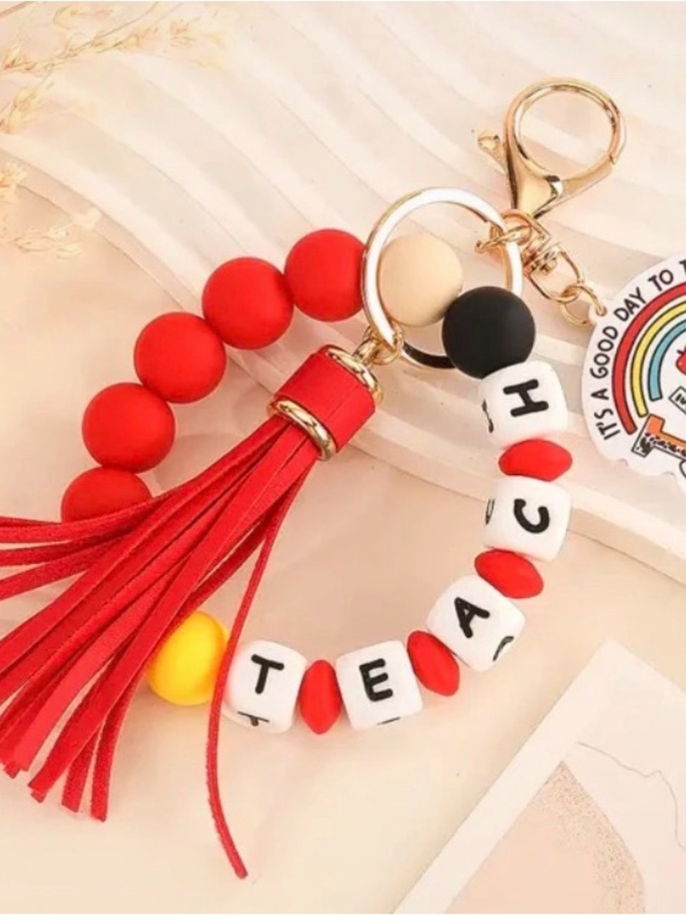 Red Tassel Beaded Keychain Charm with Letter Beads